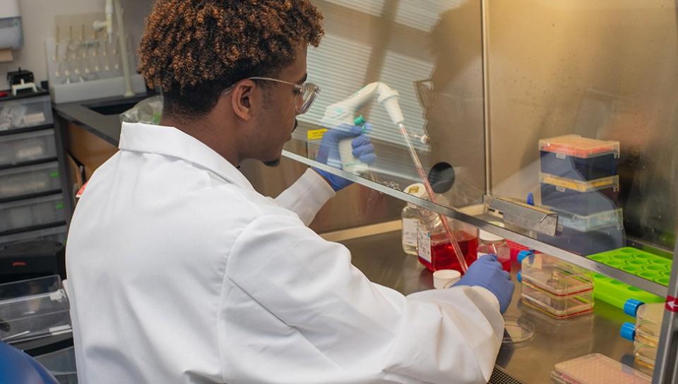 A student uses lab tools for research